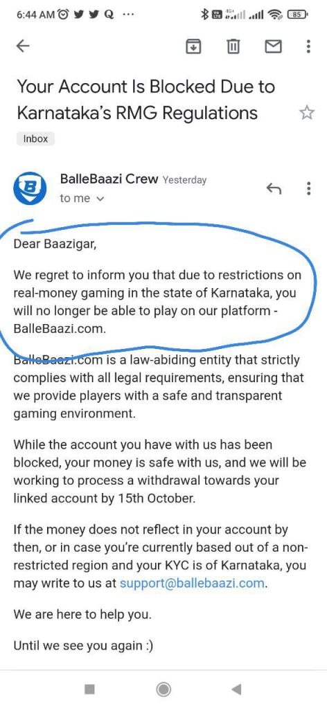 Email sent by BalleBazzi.com to users in Karnataka 